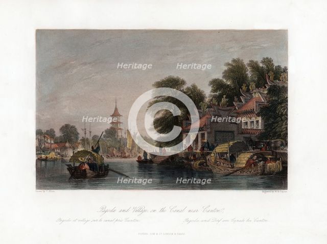 'Pagoda and Village, on the Canal near Canton', China, c1840.Artist: WH Capone