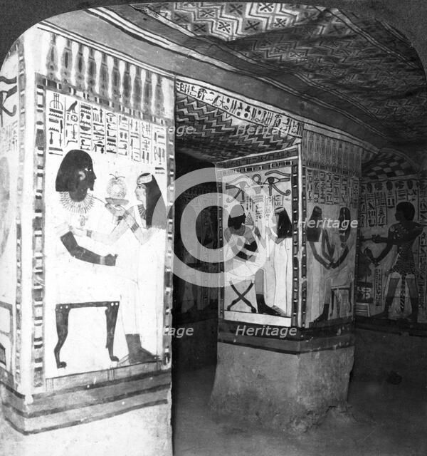 Painted tomb chamber hewn in the rock of the cliffs at Thebes, Egypt, 1905.Artist: Underwood & Underwood