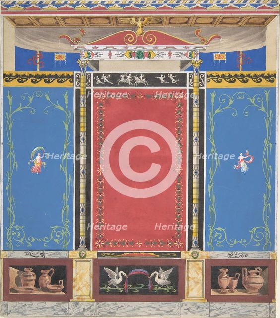 Painted Wall Decor Featuring Thin Column with a Pair of Swans and Trompe L'Oeil..., 19th century. Creators: Jules-Edmond-Charles Lachaise, Eugène-Pierre Gourdet.