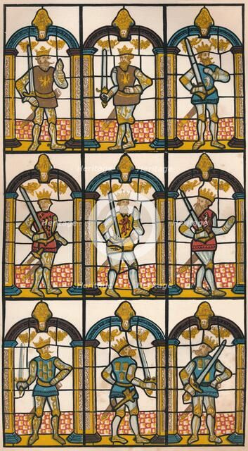 'Painted Window - Two Saxon Earls of Mercia, and Seven Norman Earls of Chester', 1808 (1845). Artist: William Fowler.