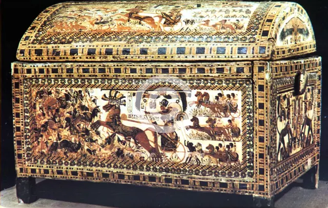 Painted and inlaid coffer from the Treasure of Tutankhamun, Ancient Egyptian, c1325 BC. Artist: Unknown