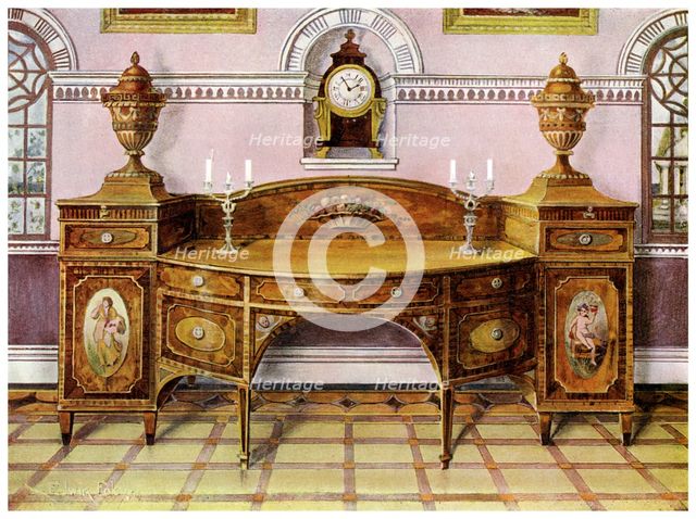 Painted and inlaid satinwood sideboard and mahogany bracket clock, 1911-1912.Artist: Edwin Foley