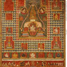 Painted Banner (paubha) of Goddess Ushnishavijaya Within a Funerary Mound...Chaityas, 1513. Creator: Unknown