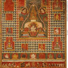 Painted Banner (paubha) of Goddess Ushnishavijaya Within a Funerary Mound...Chaityas, 1513. Creator: Unknown