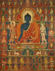 Painted Banner (Thangka) with the Medicine Buddha (Bhaishajyaguru), 14th century. Creator: Unknown