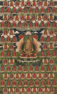 Painted Banner (Thangka) of Amitayus Buddha Surrounded by One Hundred Buddhas, 19th century. Creator: Unknown