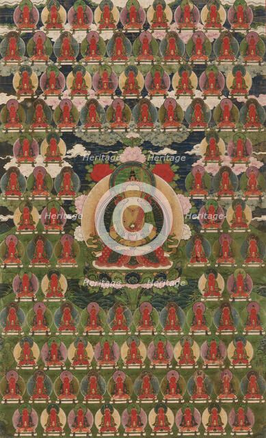 Painted Banner (Thangka) of Amitayus Buddha Surrounded by One Hundred Buddhas, 19th century. Creator: Unknown.