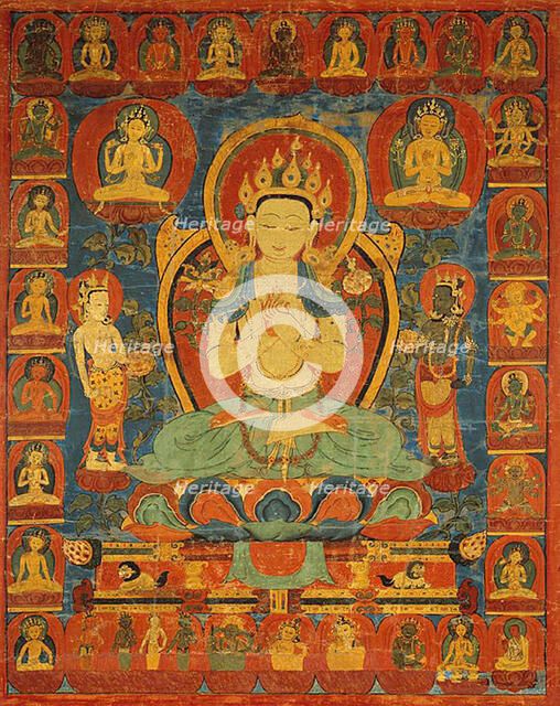 Painted Banner (Thangka) of Bodhisattva Maitreya Surrounded by his Retinue, 16th century. Creator: Unknown.