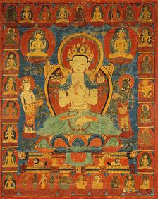 Painted Banner (Thangka) of Bodhisattva Maitreya Surrounded by his Retinue, 16th century. Creator: Unknown