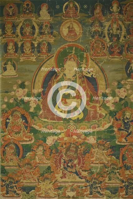 Painted Banner (Thangka) of Sage Guru Padmasambhava Seated Holding a..., 18th century. Creator: Unknown.