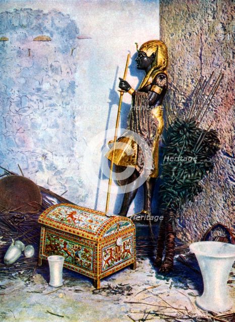 Painted clothes chest, which lies at the foot of Tutankhamen's statue, Egypt, 1933-1934. Artist: Unknown