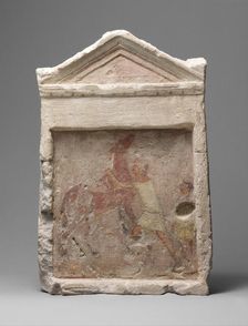 Painted limestone funerary slab with a man controlling a rearing horse, 2nd half 3rd century B.C. Creator: Unknown