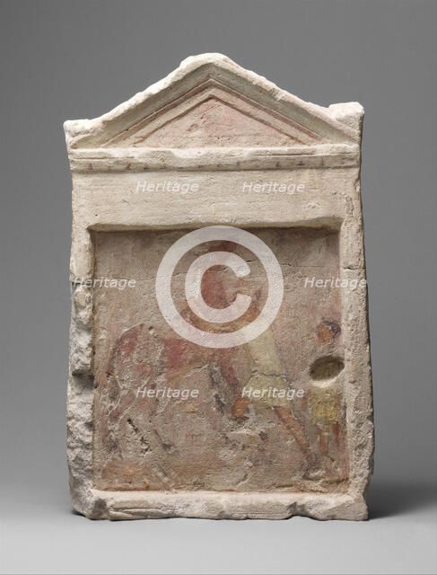 Painted limestone funerary slab with a man controlling a rearing horse, 2nd half 3rd century B.C. Creator: Unknown.