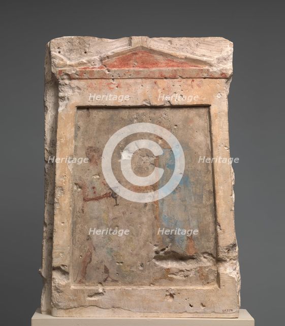 Painted limestone funerary slab with a soldier taking a kantharos..., 2nd half of 3rd century B.C. Creator: Unknown.