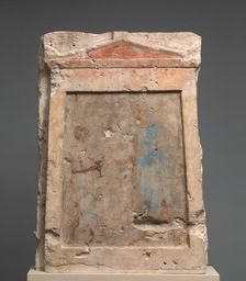 Painted limestone funerary slab with a soldier taking a kantharos..., 2nd half of 3rd century B.C. Creator: Unknown