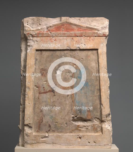 Painted limestone funerary slab with a soldier taking a kantharos..., 2nd half of 3rd century B.C. Creator: Unknown.