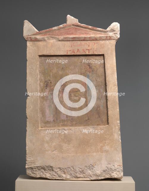 Painted limestone funerary slab with a soldier and two girls, 2nd half of 3rd century B.C. Creator: Unknown.