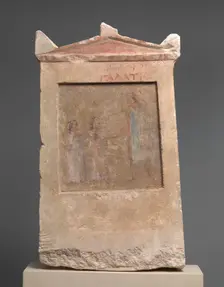 Painted limestone funerary slab with a soldier and two girls, 2nd half of 3rd century B.C. Creator: Unknown