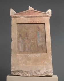 Painted limestone funerary slab with a soldier and two girls, 2nd half of 3rd century B.C. Creator: Unknown