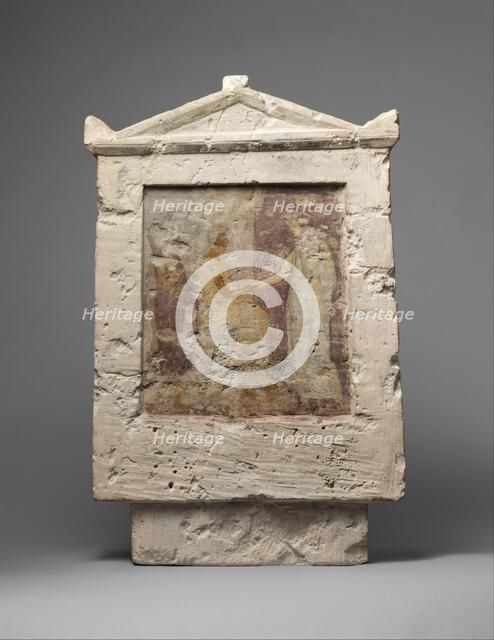 Painted limestone funerary stele with a seated man and two standing..., late 4th-early 3rd century B Creator: Unknown.