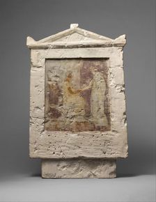 Painted limestone funerary stele with a seated man and two standing..., late 4th-early 3rd century B Creator: Unknown