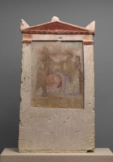 Painted limestone funerary stele with a woman in childbirth, late 4th-early 3rd century B.C. Creator: Unknown