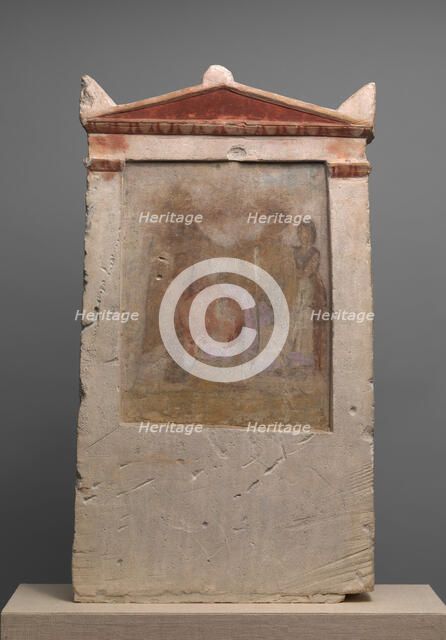 Painted limestone funerary stele with a woman in childbirth, late 4th-early 3rd century B.C. Creator: Unknown.