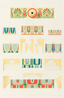 Painted moldings of the temples and propylaea of Athens, 1846. Creator: Hubert Roux