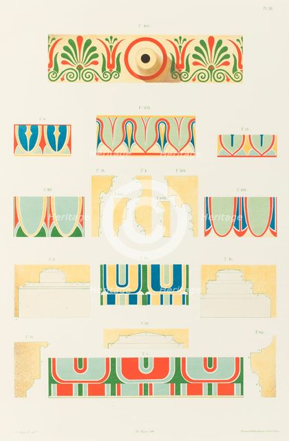 Painted moldings of the temples and propylaea of Athens, 1846. Creator: Hubert Roux.