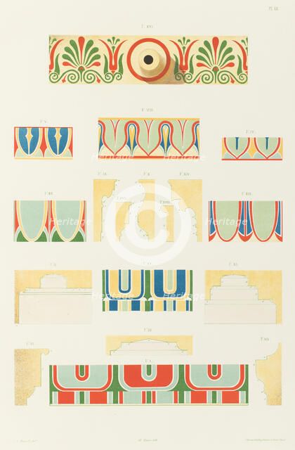 Painted moldings of the temples and propylaea of Athens, 1846. Creator: Hubert Roux.