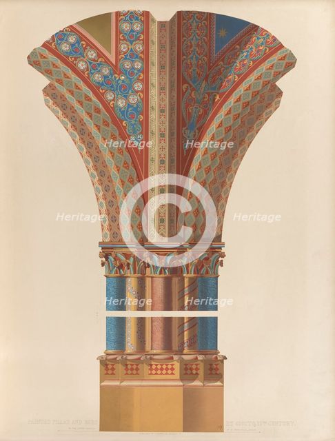 Painted pillar and ribs by Giotto in the upper church of St Francesco at Assisi, 1850.  Creator: Ludwig Gruner.