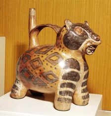 Painted pottery Bridge and Spout vessel in the form of a Jaguar, Tiahuanaco, Peru, 100-600