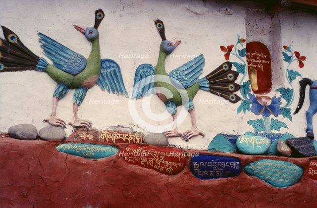 Painted relief of birds, Ladakh, India, 1988. Creator: Amanda Waite.