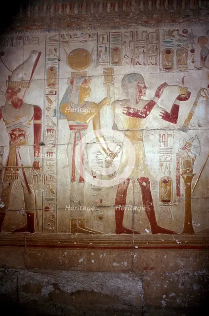 Painted relief of Sethos and Isis-Hathor, Temple of Sethos I, Abydos, Egypt, 19th Dynasty, c1280 BC. Artist: Unknown