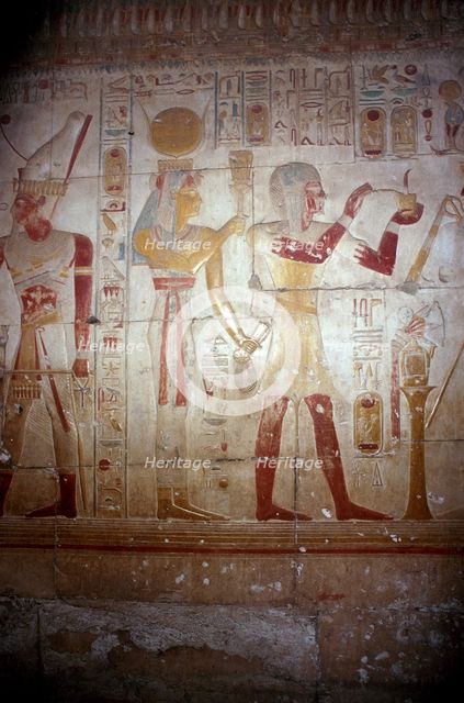 Painted relief of Sethos and Isis-Hathor, Temple of Sethos I, Abydos, Egypt, 19th Dynasty, c1280 BC. Artist: Unknown