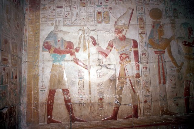 Painted relief of Sethos before Anubis, Temple of Sethos I, Abydos, Egypt, 19th Dynasty, c1280 BC. Artist: Unknown