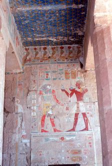 Painted relief of Tuthmosis III before Horus, Temple of Hatshepsut, Luxor, Egypt, c15th century BC