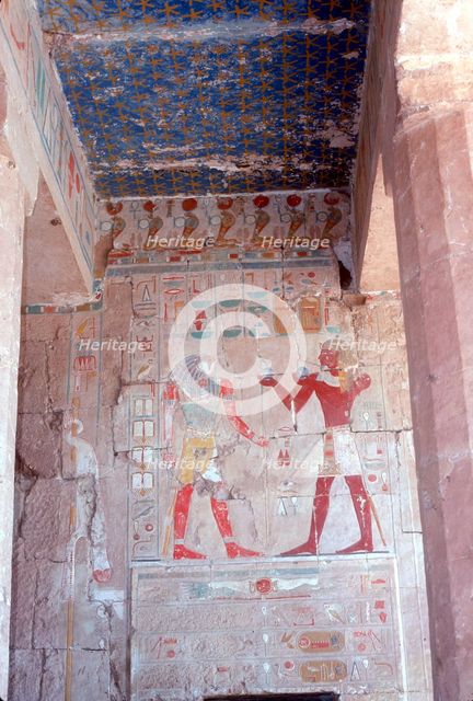 Painted relief of Tuthmosis III before Horus, Temple of Hatshepsut, Luxor, Egypt, c15th century BC. Artist: Unknown
