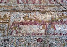 Painted relief showing a Ra sun boat carried in a procession, Ancient Egyptian