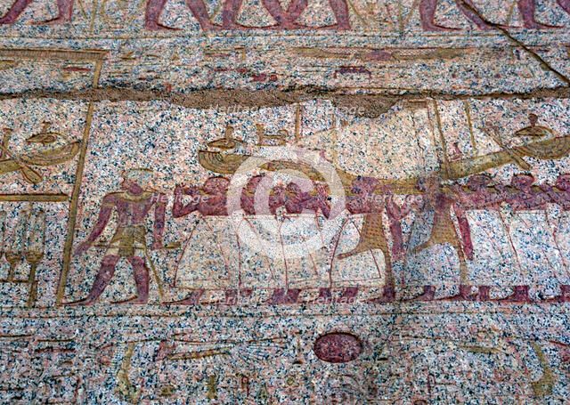 Painted relief showing a Ra sun boat carried in a procession, Ancient Egyptian. Artist: Unknown