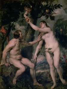 Painting by Peter Paul Rubens (1577 - 1640) Adam and Eve copy of Titian's painting, kept in th…