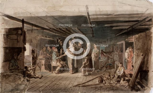 Painting in a gloomy peasant's seat, sketch for an oil painting painted for the Russian..., 1851. Creator: Robert Wilhelm Ekman.