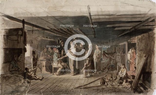 Painting in a gloomy peasant's seat, sketch for an oil painting painted for the Russian..., 1851. Creator: Robert Wilhelm Ekman.