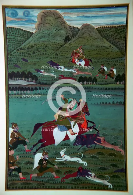 Painting of Maharana Jawan Singh hunting wild boars, 19th century. Artist: Unknown