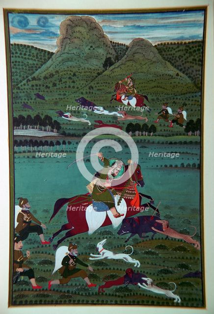 Painting of Maharana Jawan Singh hunting wild boars, 19th century. Artist: Unknown