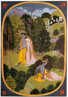 Painting of Radha and Khrishna in a grove