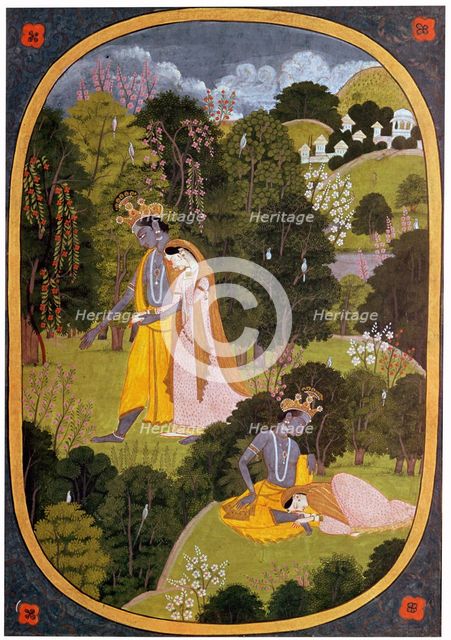 Painting of Radha and Khrishna in a grove. Artist: Unknown