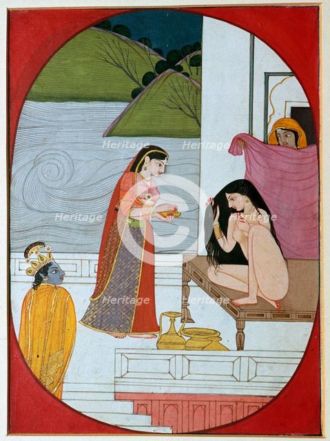 Painting of the god Khrishna watching Radha at her bath, 19th century. Artist: Unknown