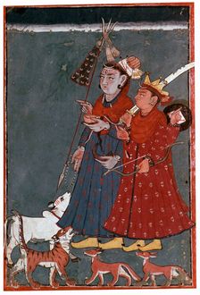 Painting of the gods Siva and Khrishna accompanied by a bull, tiger, and jackals