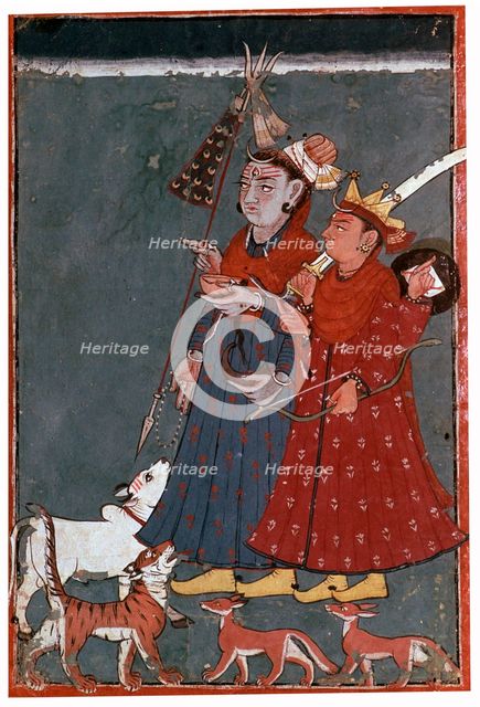 Painting of the gods Siva and Khrishna accompanied by a bull, tiger, and jackals. Artist: Unknown